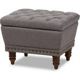 Annabelle Storage Ottoman in Tufted Light Gray Fabric & Walnut Finish